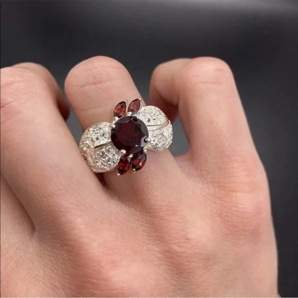 Garnet & White Topaz Sterling Silver Cocktail Ring - Picture 2 of 9
